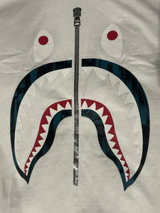 BAPE Shark Zipper Tee White W/ Black/Teal blue Pattern