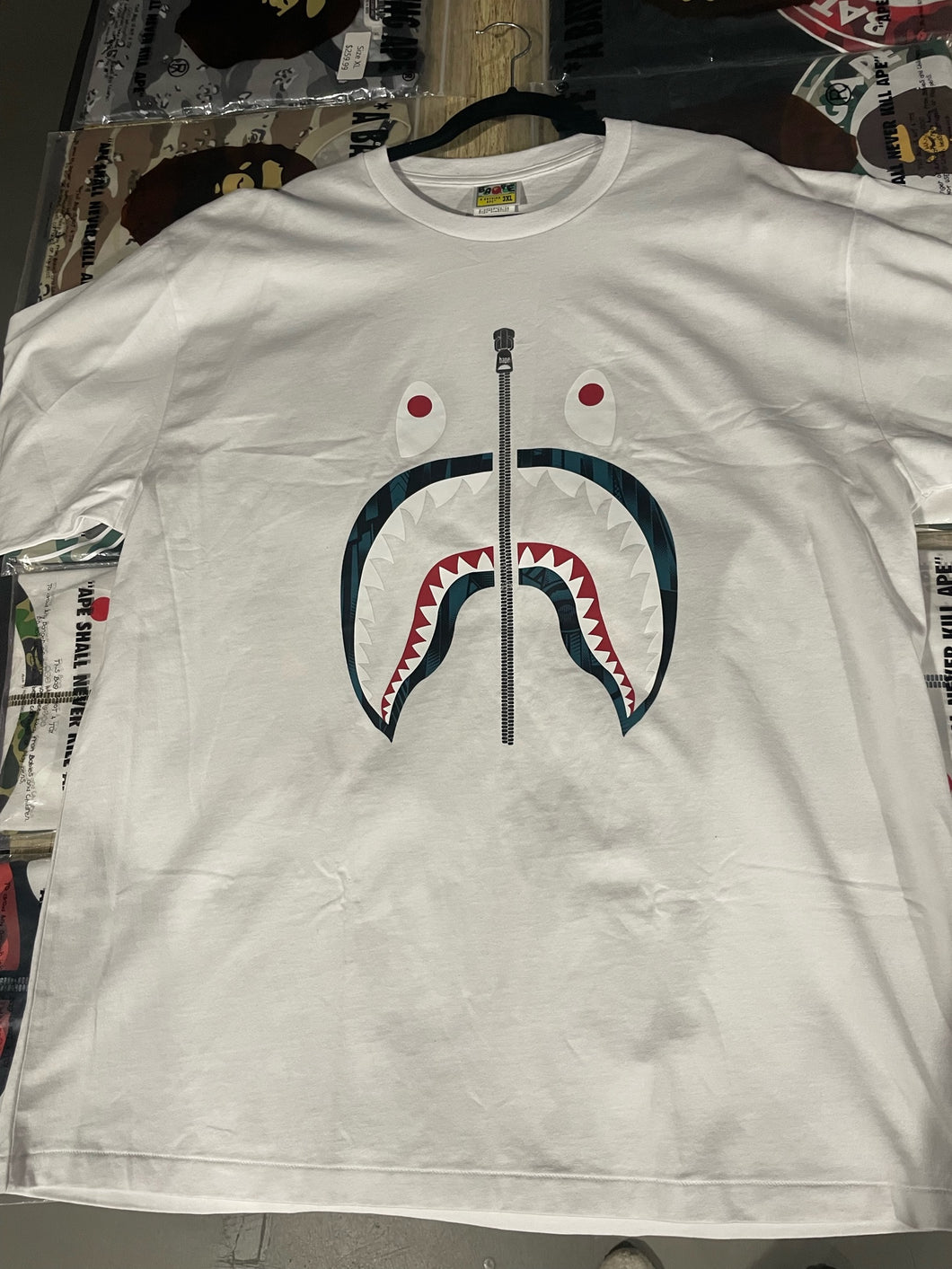 BAPE Shark Zipper Tee White W/ Black/Teal blue Pattern