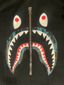 BAPE Shark Zipper Tee Black W/ Black/Teal blue Pattern